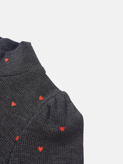 Ribbed Heart Mock-Neck T-Shirt, grey with red hearts; Adee girls top.