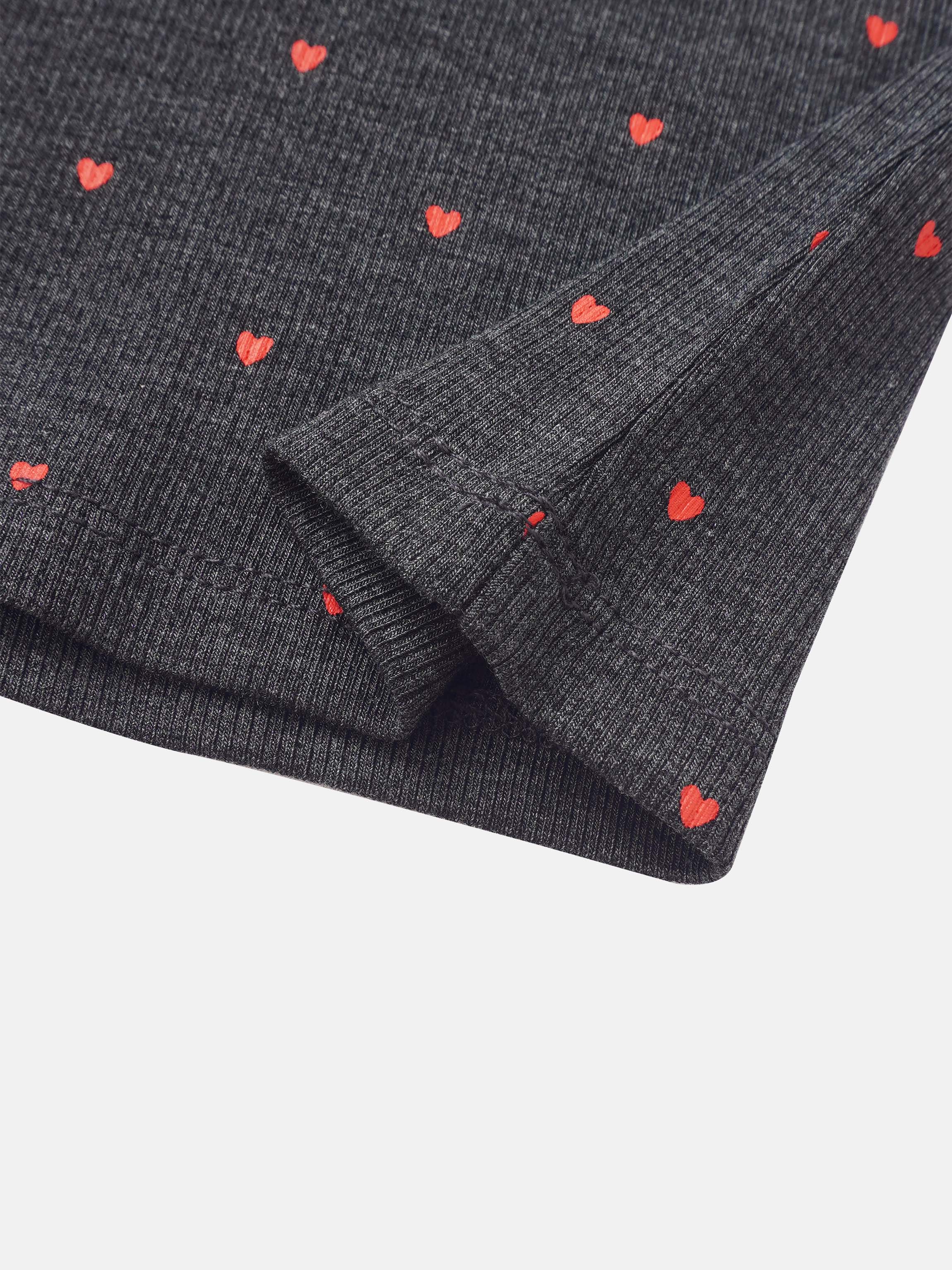 Ribbed Heart Mock Neck T‑Shirt in Grey for girls; knit fabric with red hearts.