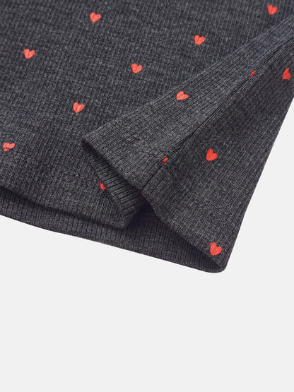 Ribbed Heart Mock Neck T‑Shirt in Grey for girls; knit fabric with red hearts.
