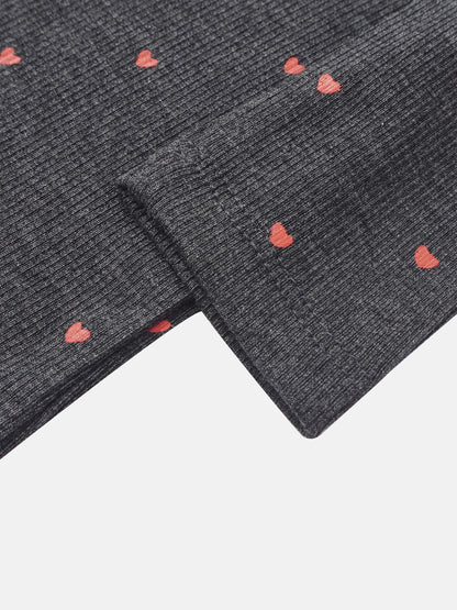 Ribbed Heart Mock Neck T-Shirt for girls in grey with red heart print by Adee.