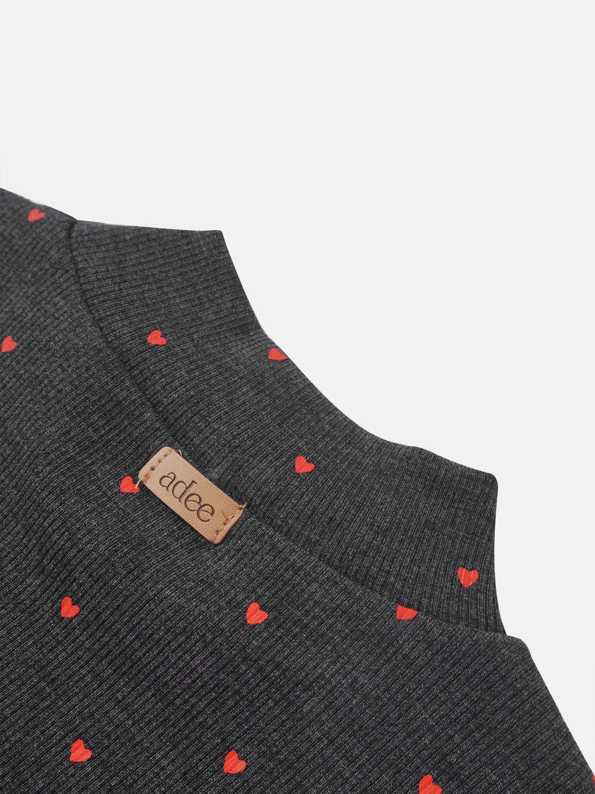 Ribbed heart-print mock neck T-shirt for girls, grey with small red hearts; Adee label visible.