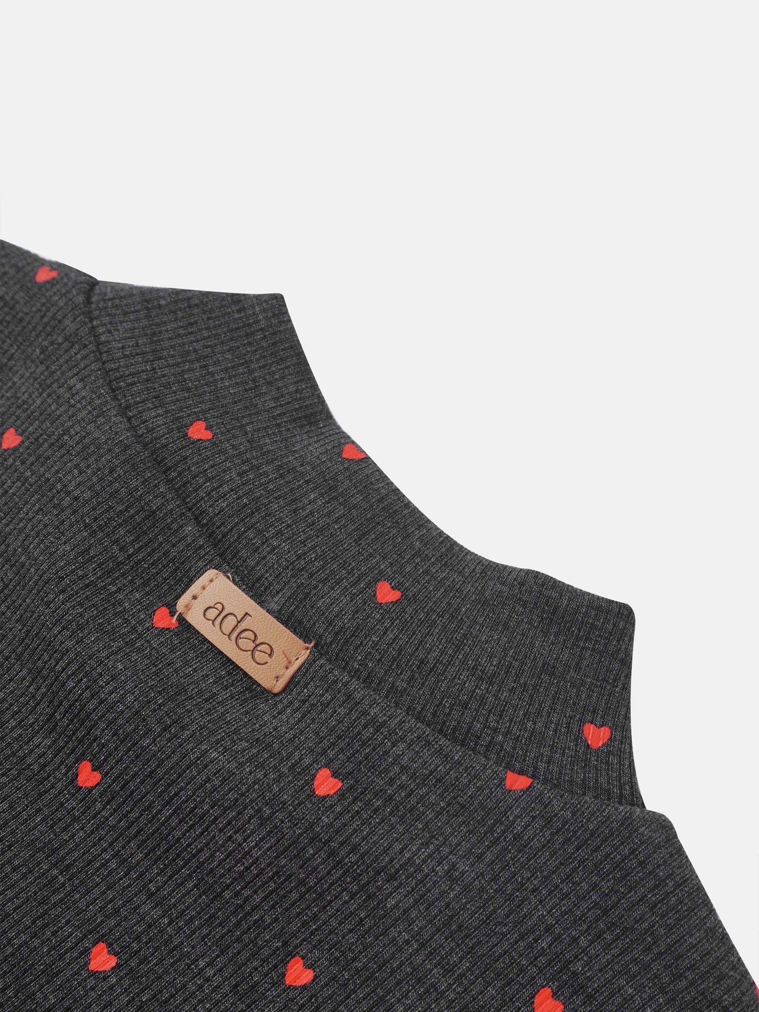 Ribbed heart-print mock neck T-shirt for girls, grey with small red hearts; Adee label visible.