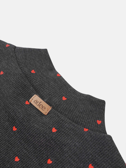 Ribbed heart-print mock neck T-shirt for girls, grey with small red hearts; Adee label visible.