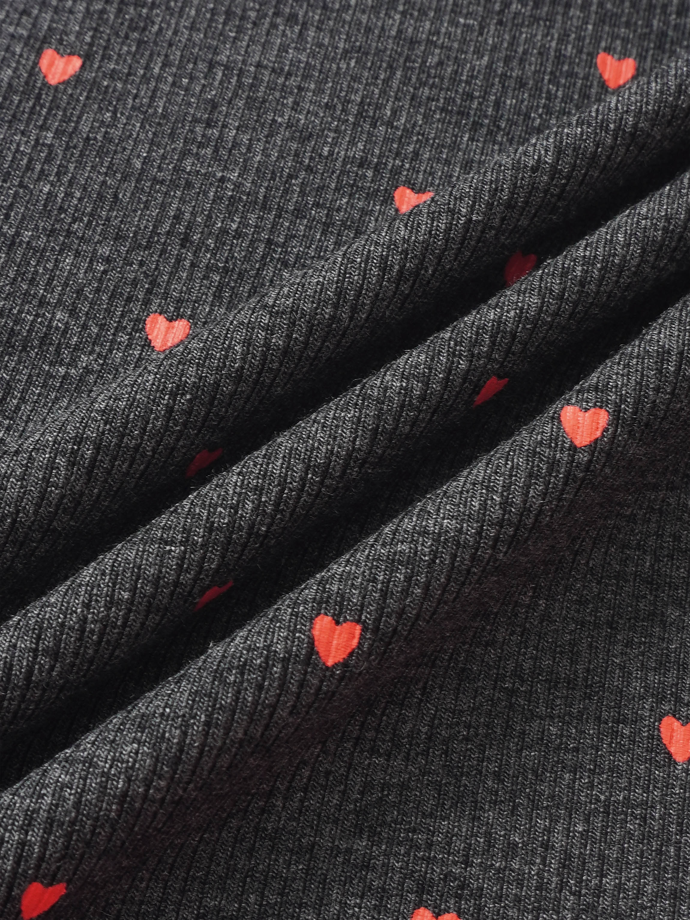 Ribbed Heart Mock Neck T‑Shirt for girls, grey with red hearts, Adee