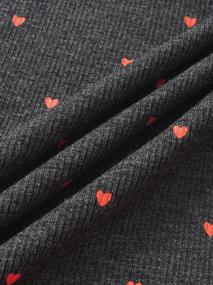 Ribbed Heart Mock Neck T‑Shirt for girls, grey with red hearts, Adee
