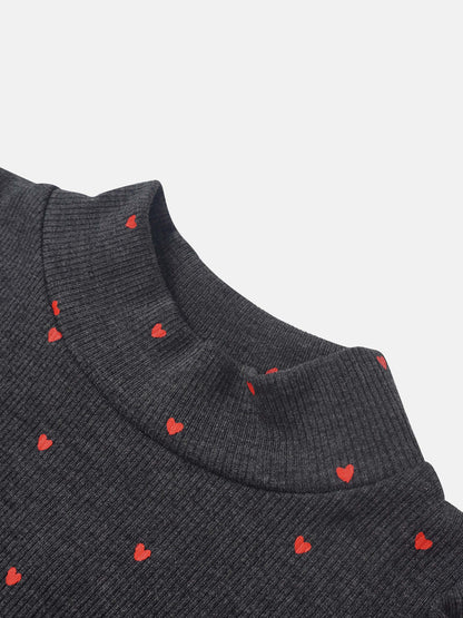 Ribbed Heart Set for little girls, grey knit with red hearts by Adee