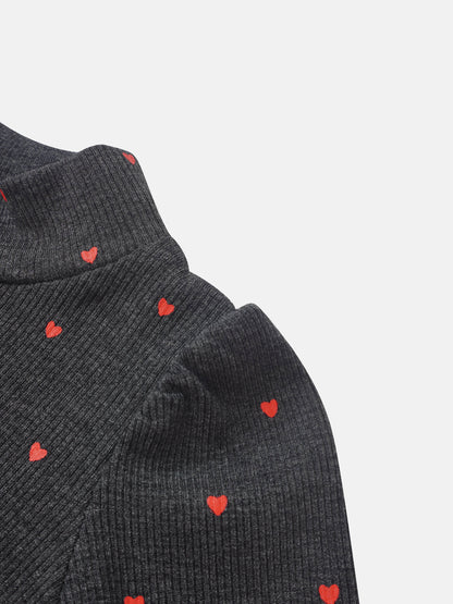 Ribbed Heart Set - Grey knit for little girls by Adee; dark heather fabric with red hearts