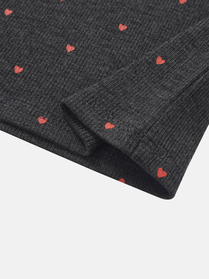 Ribbed Heart Set - Grey for little girls by Adee; dark grey knit with tiny red hearts.