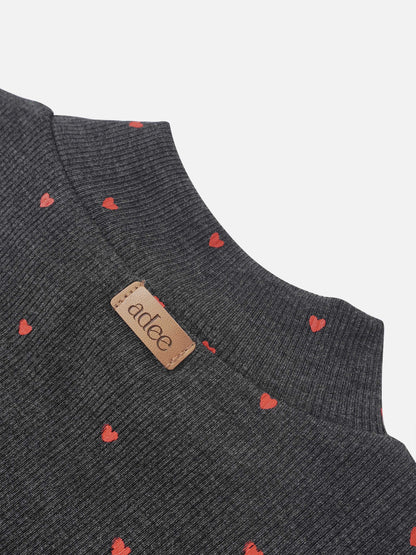 Ribbed Heart Set for little girls in grey knit fabric with small red hearts, Adee brand tag visible