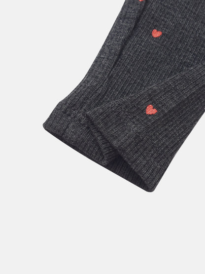 Ribbed Heart Set - Grey, Adee little girls set with red heart motifs on dark ribbed fabric.