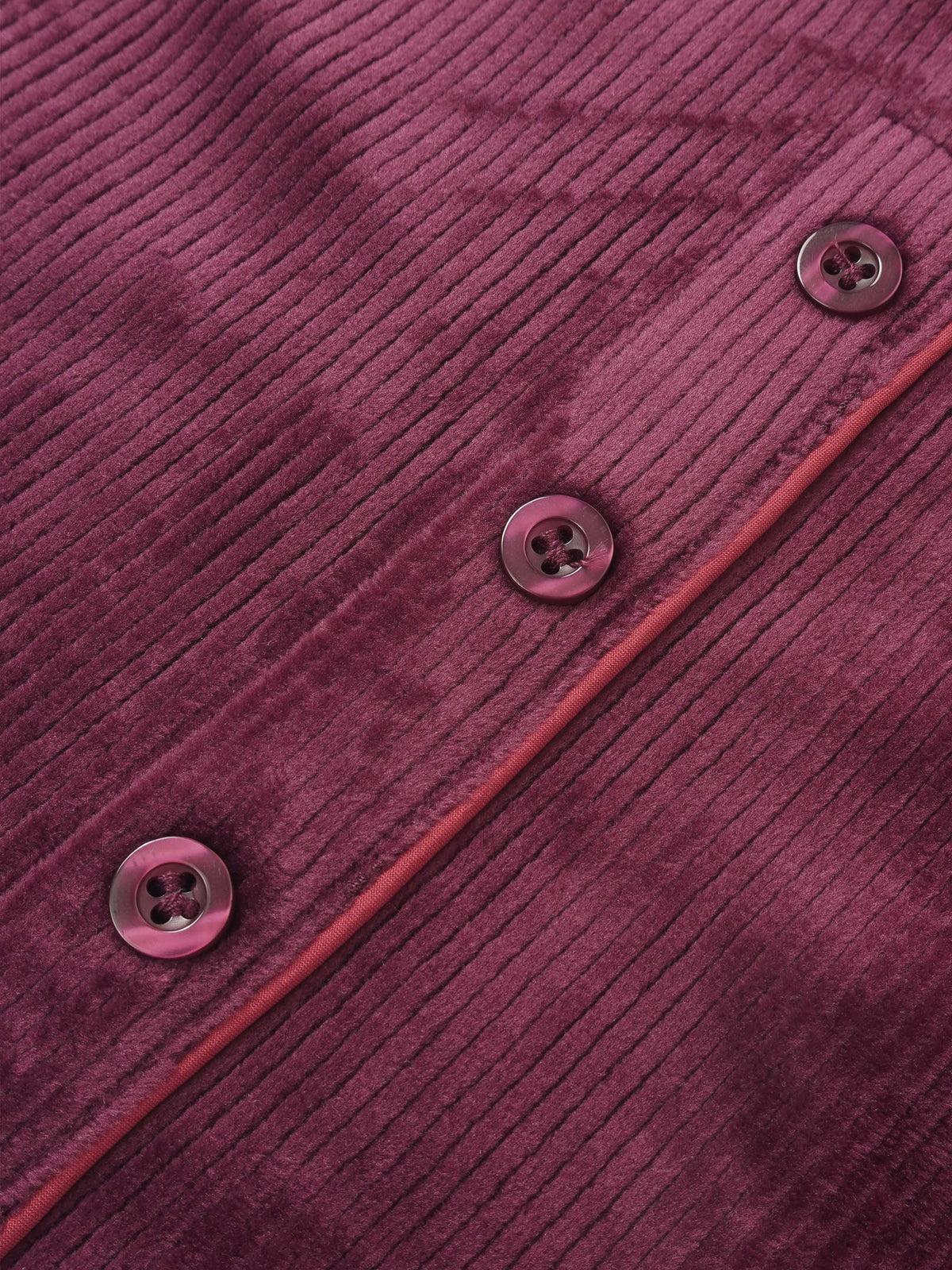 Ribbed velour pajamas for girls in burgundy with button placket and piping