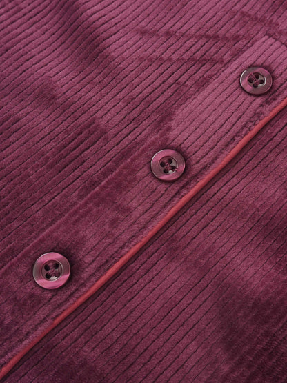 Ribbed velour pajamas for girls in burgundy with button placket and piping