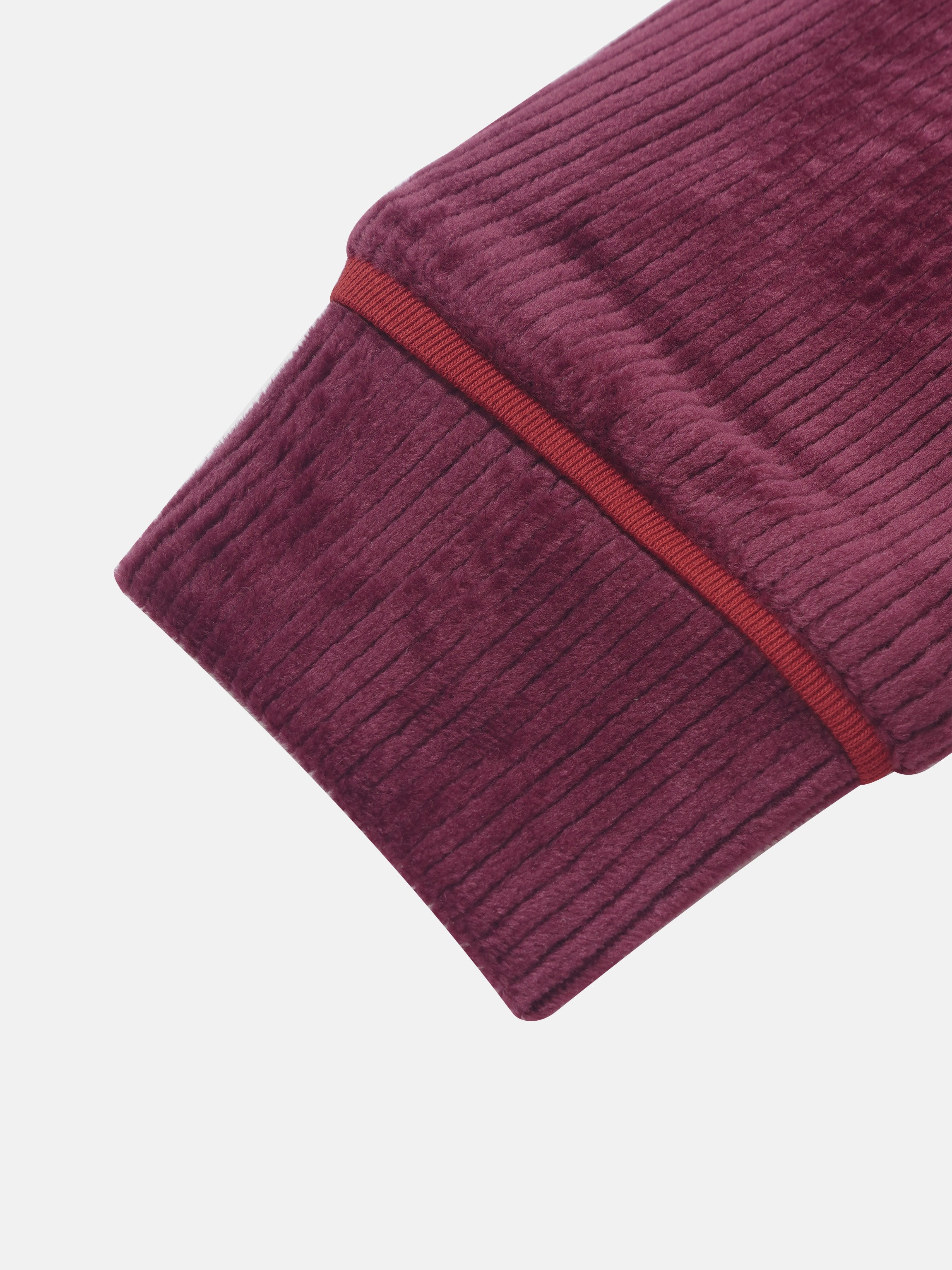 Ribbed Velour Pajamas for girls, Adee brand in burgundy with plush ribbed texture and red seam accent.