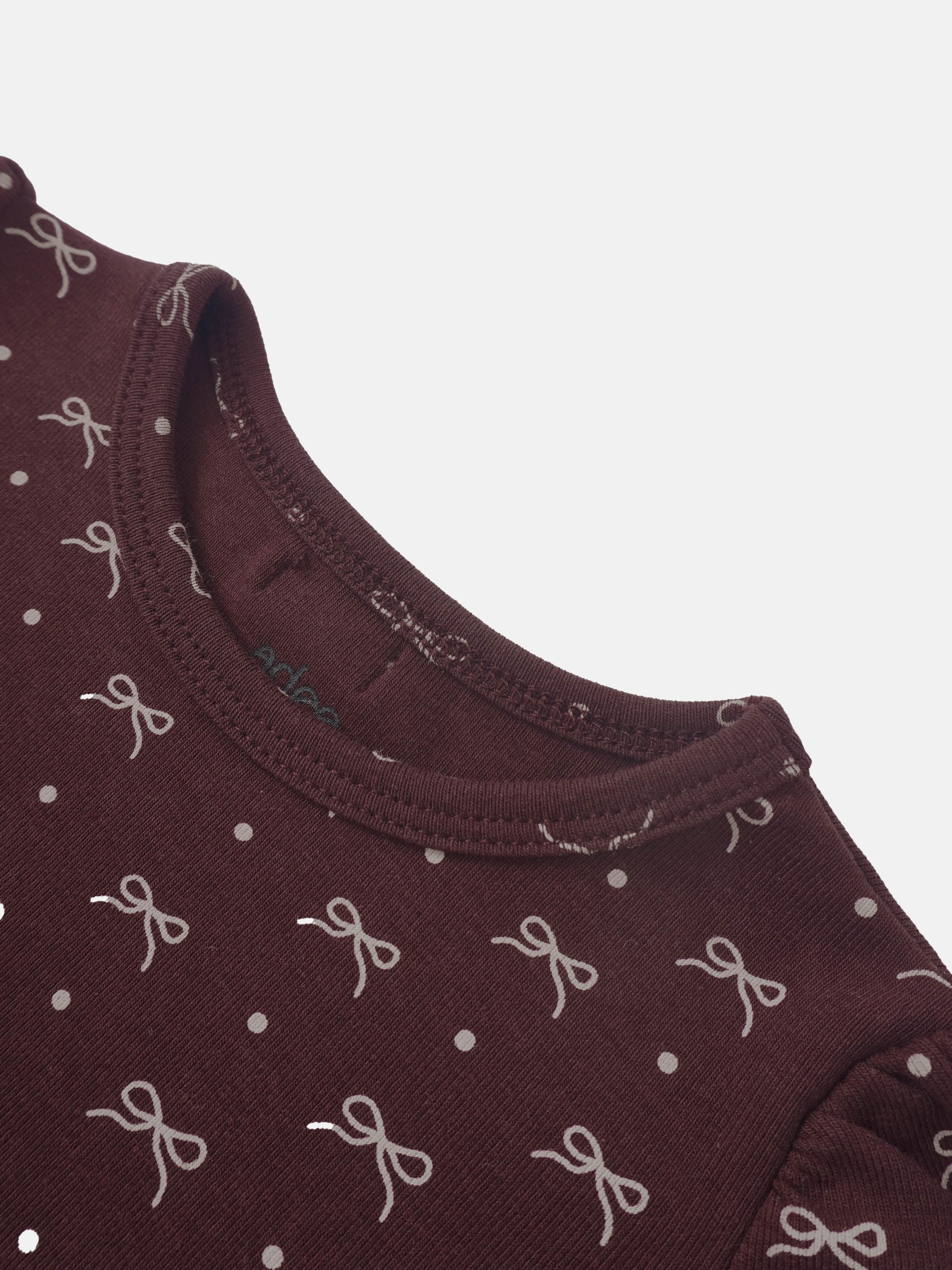 Adee Burgundy Bow Set for little girls; maroon fabric with white bow prints.