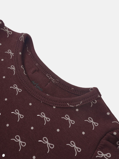 Adee Burgundy Bow Set for little girls; maroon fabric with white bow prints.