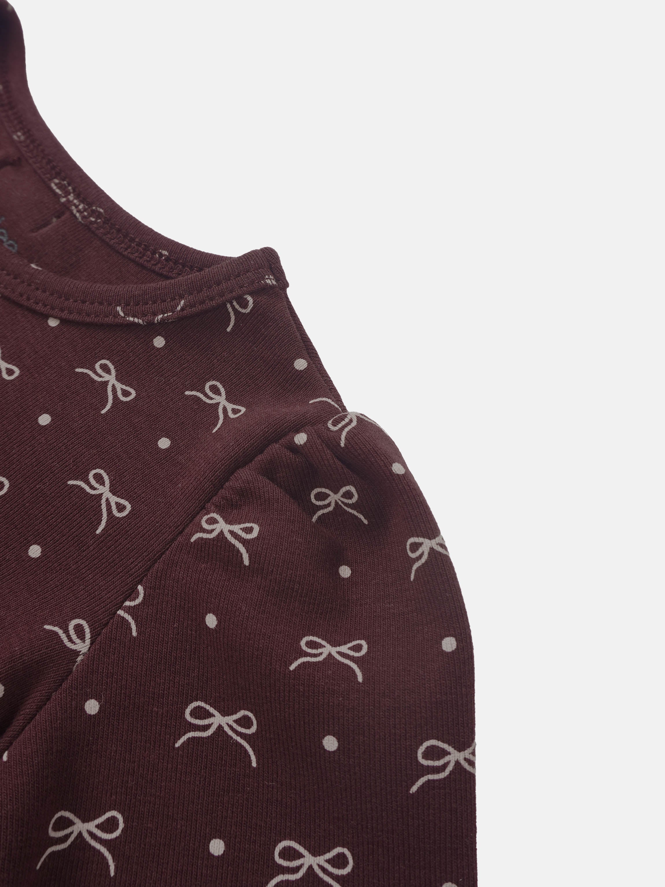 Burgundy Bow Set for little girls by Adee, maroon fabric with white bow pattern