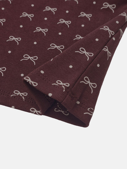 Adee Burgundy Bow Set for little girls; burgundy fabric with white bow print and dots