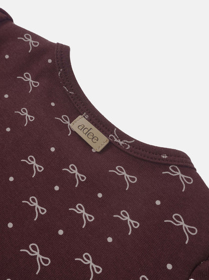 Adee Burgundy Bow Set for little girls; burgundy fabric with white bows and dots