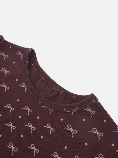 Girls burgundy T-shirt with white bow pattern and dot print