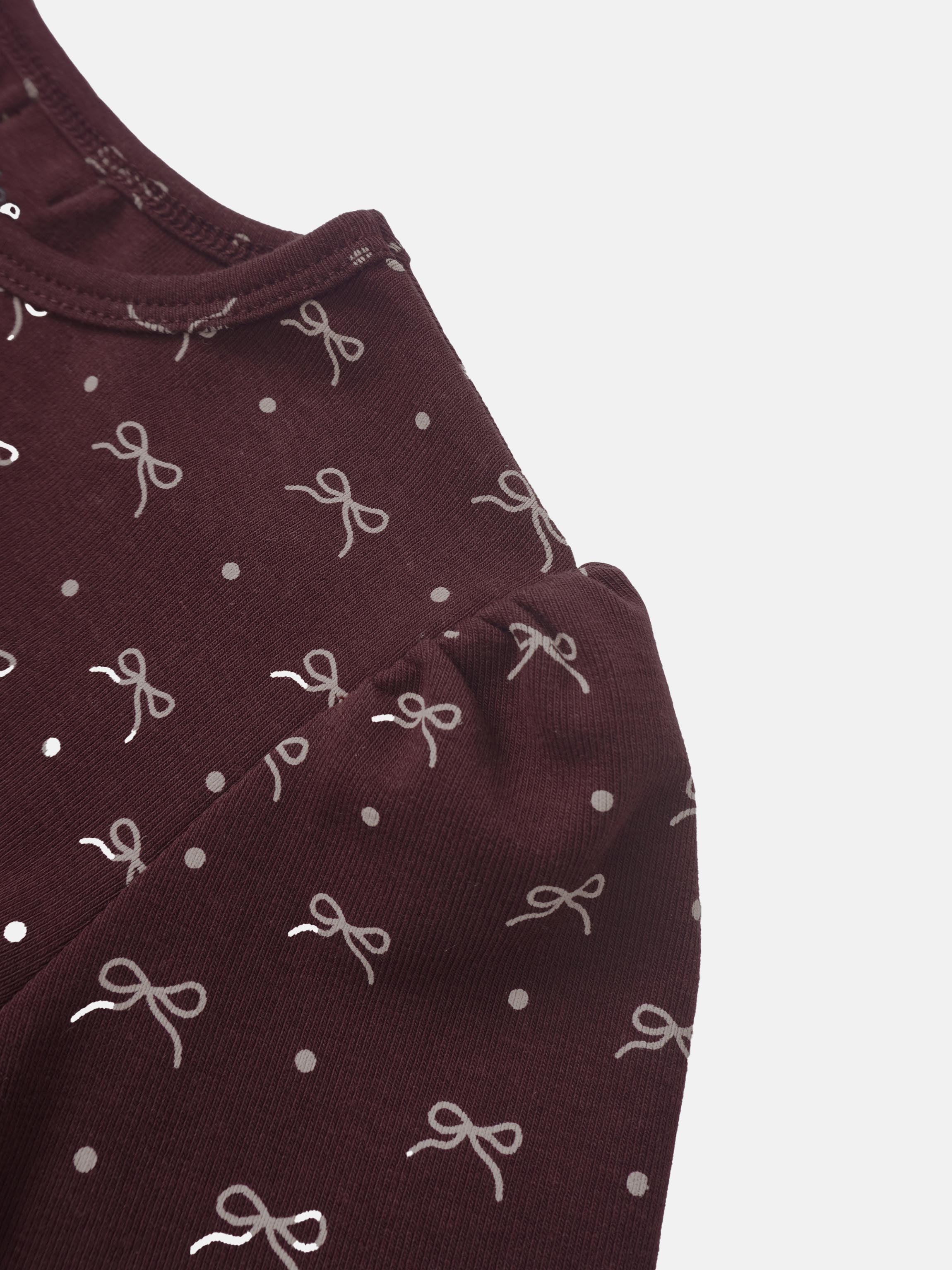 Burgundy Bow T‑Shirt for girls by Adee; maroon knit fabric with white bow print