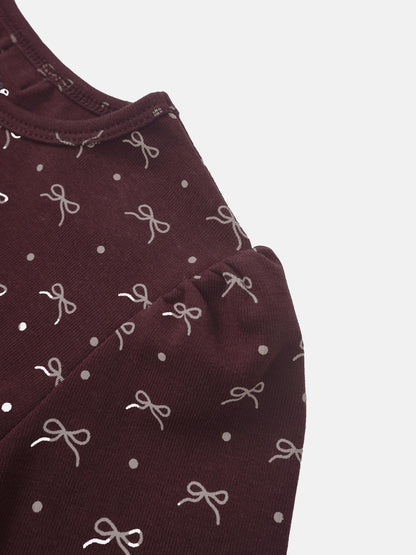Burgundy Bow T‑Shirt for girls by Adee; maroon knit fabric with white bow print