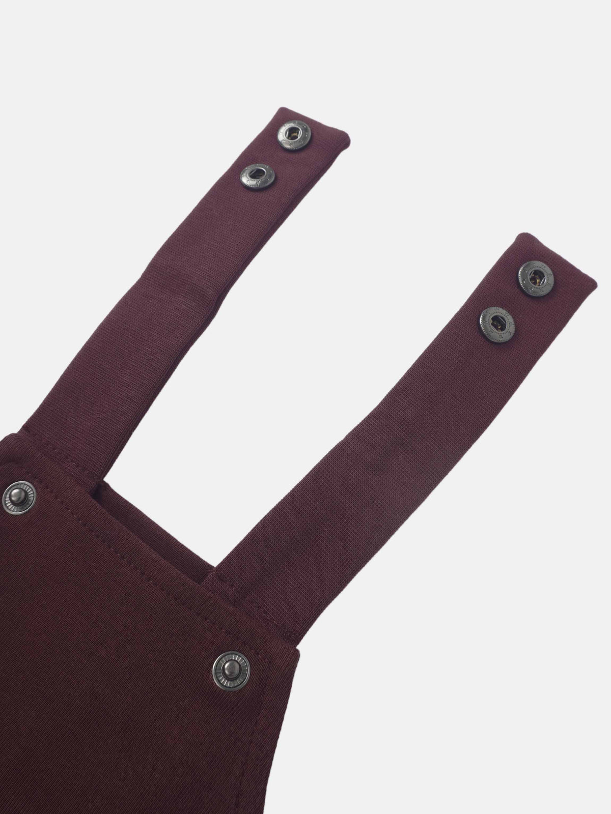 Non ribbed burgundy overalls by Adee; unisex basics with metal snap-button straps