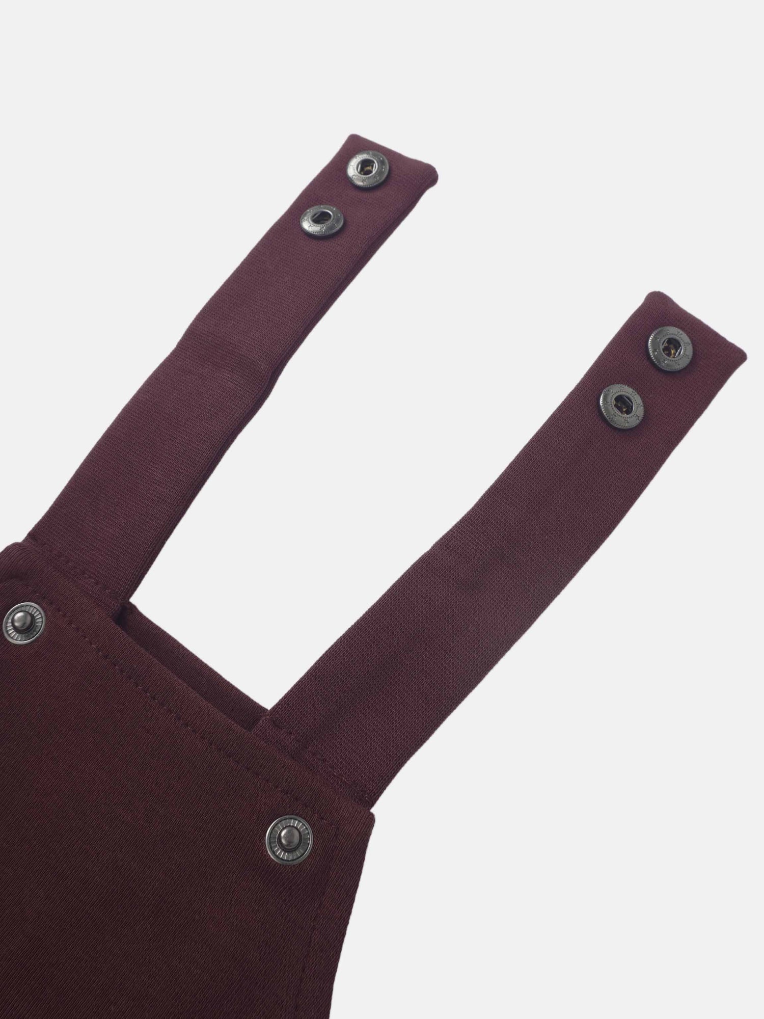 Non ribbed burgundy overalls by Adee; unisex basics with metal snap-button straps