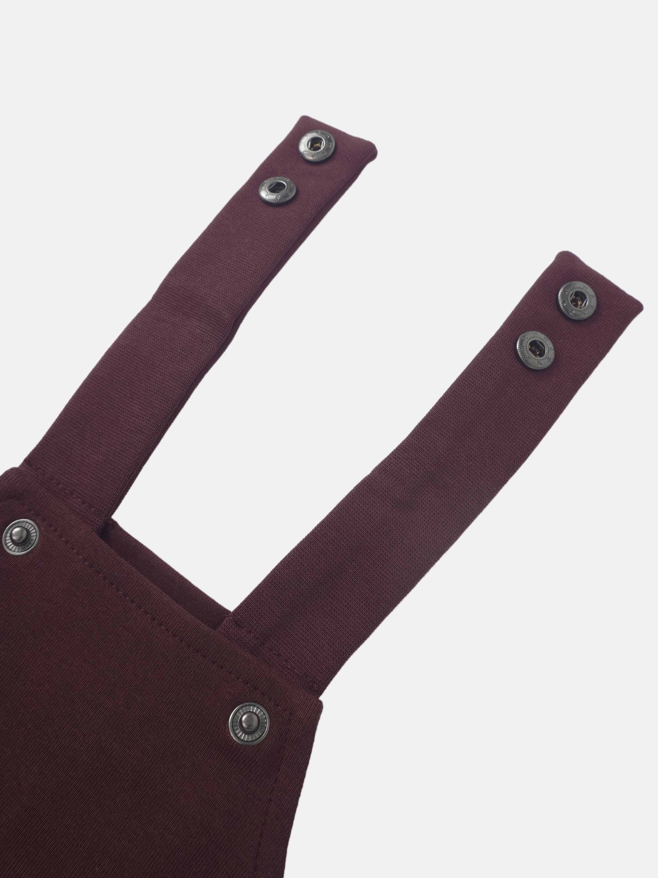 Non ribbed burgundy overalls by Adee; unisex basics with metal snap-button straps