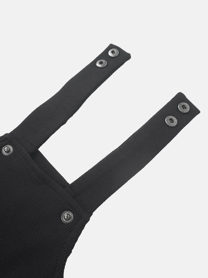 Ribbed Overalls - Black by Adee; unisex basics with ribbed fabric and metal snap-button straps