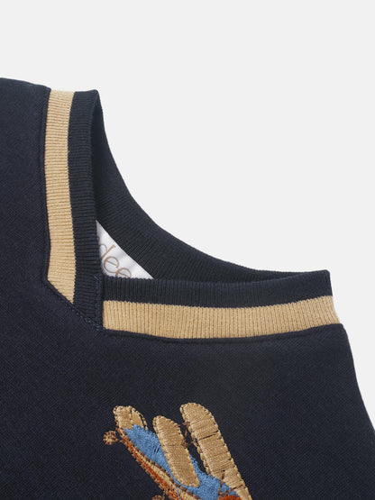 Embroidered Jet Sweatshirt for boys by Adee; navy knit with beige striped collar and shoulder trim, embroidery accent.