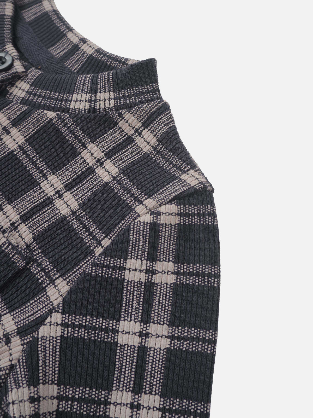 Plaid pajamas top for boys by Adee in navy blue and beige with ribbed collar and button placket.