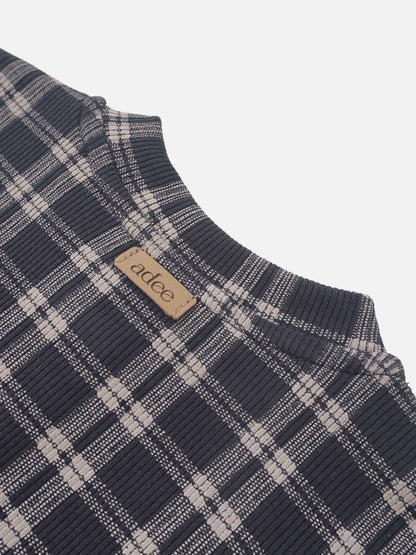 Adee boys plaid pajamas top in blue, close-up of ribbed knit fabric and brand tag