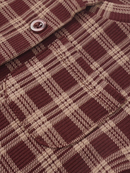 Girls plaid burgundy Adee pajamas close-up of textured fabric and button