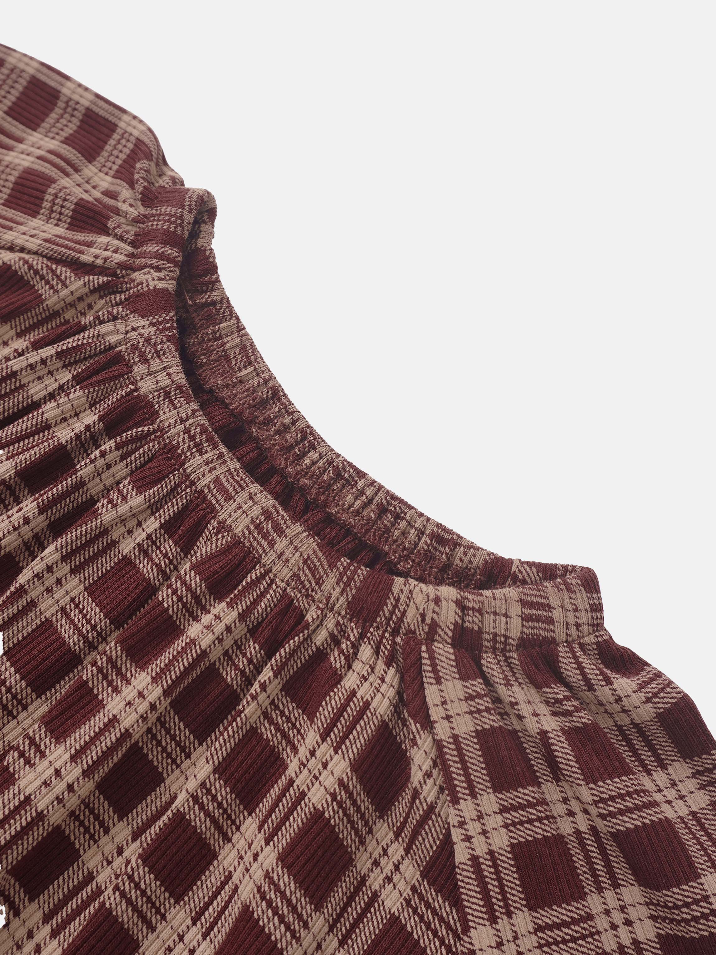 Plaid burgundy girls nightgown close-up fabric texture