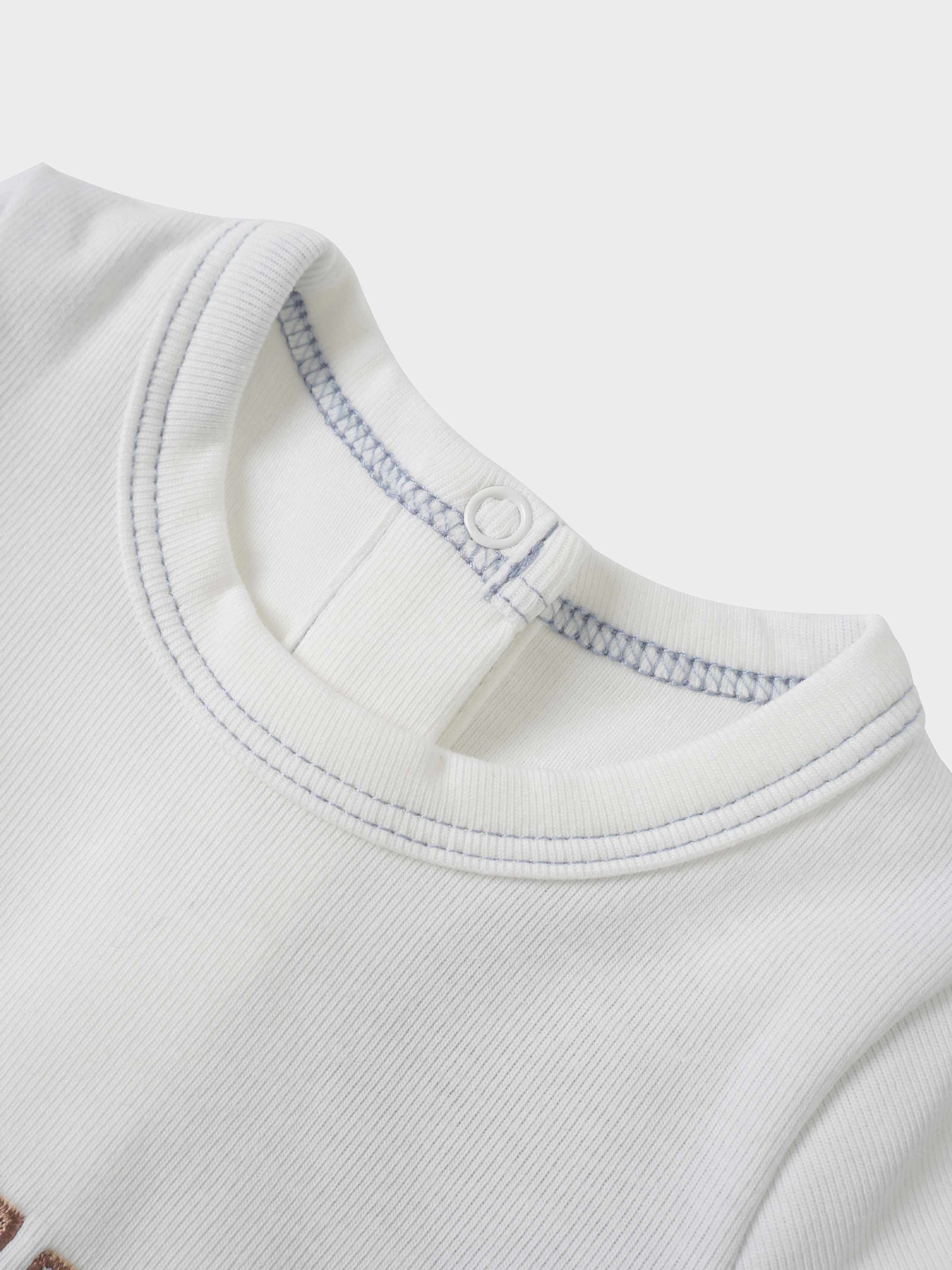 Mini Gallery Stretchy - Blue, Adee boys jumpsuit in white fabric with blue neckline stitching.