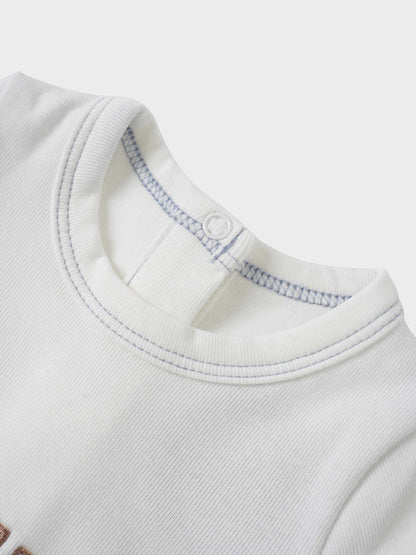 Mini Gallery Stretchy - Blue, Adee boys jumpsuit in white fabric with blue neckline stitching.