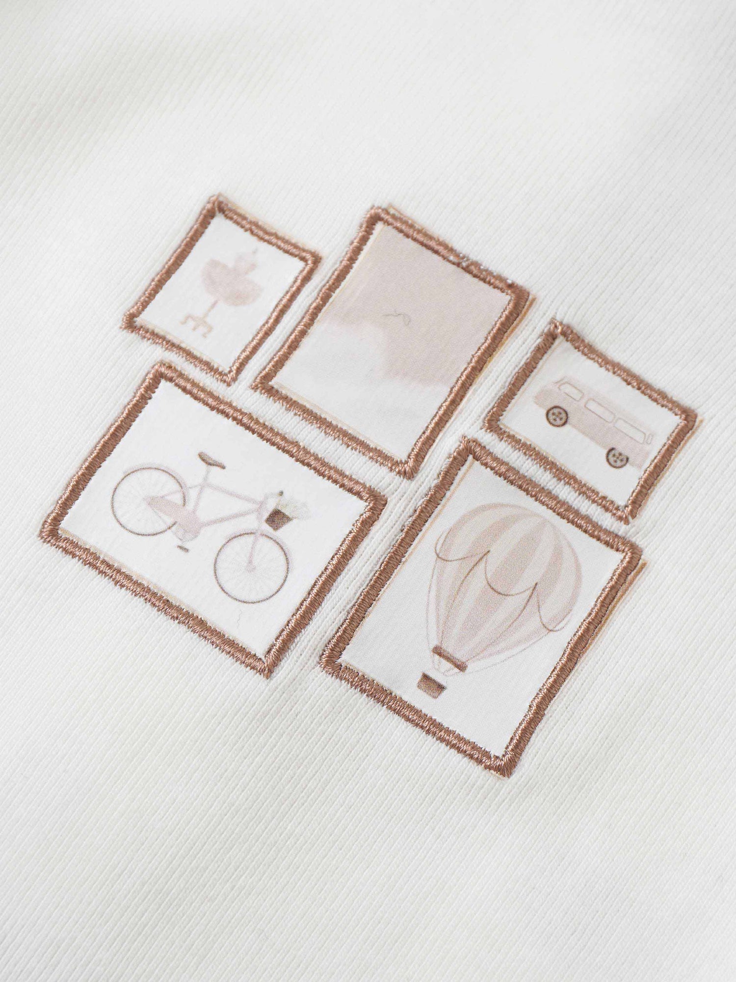 Mini Gallery Stretchy Pink by Adee; five embroidered patches with rose gold borders on white fabric.