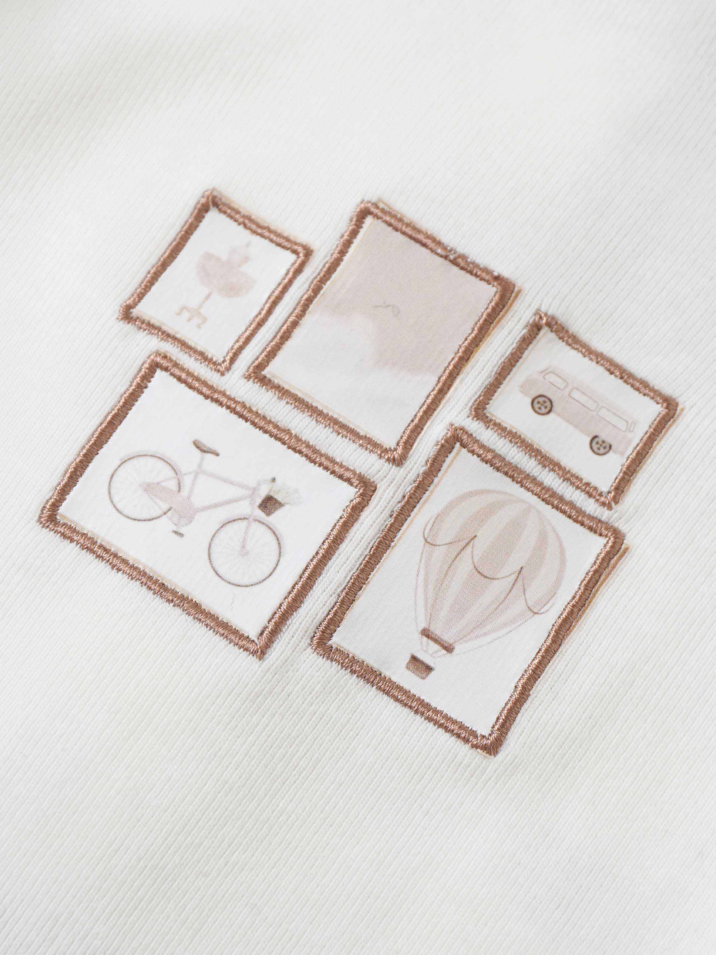 Mini Gallery Stretchy Pink by Adee; five embroidered patches with rose gold borders on white fabric.