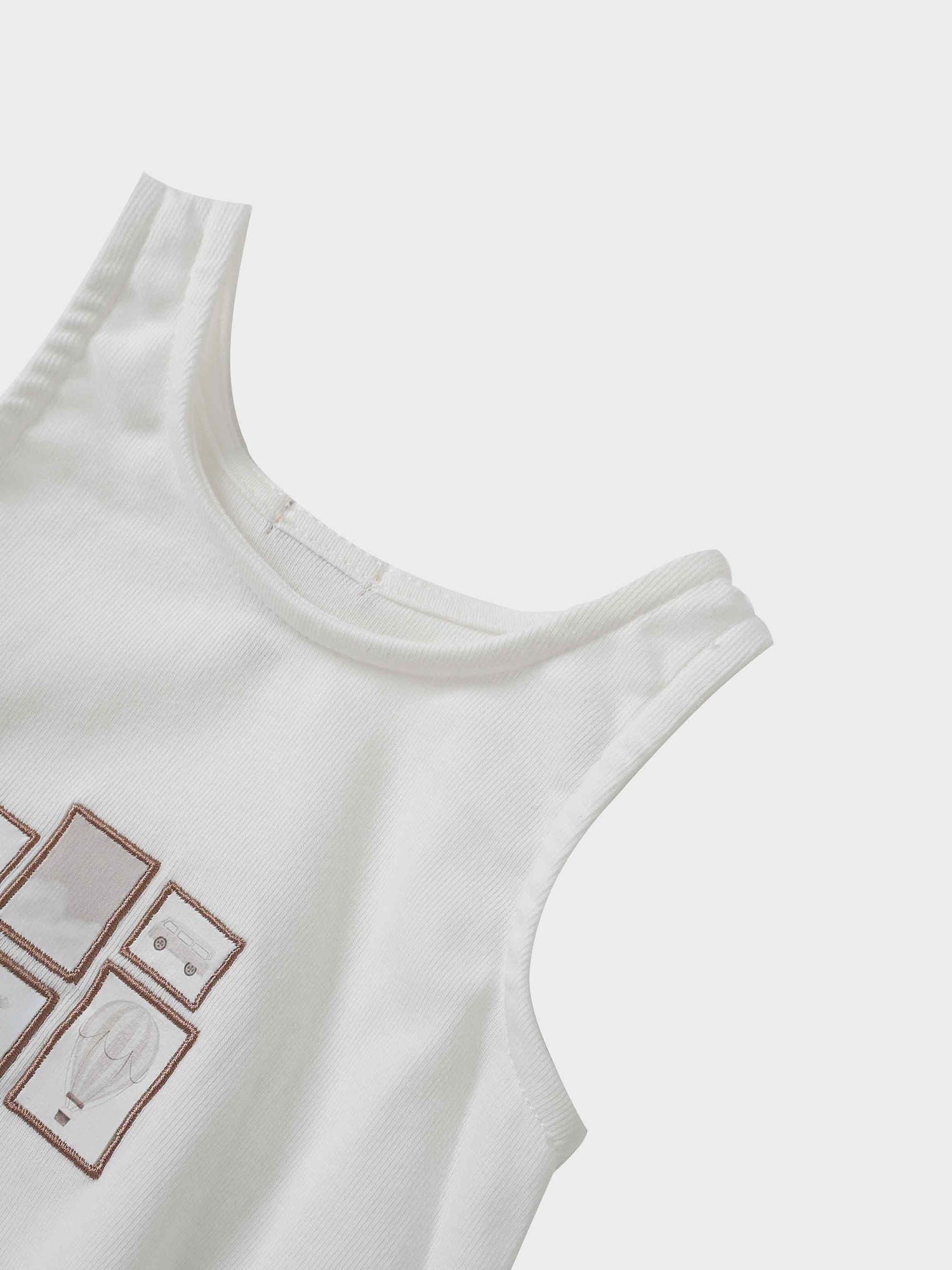 Mini Gallery Romper - Pink, white sleeveless baby romper with brown framed graphic panels.