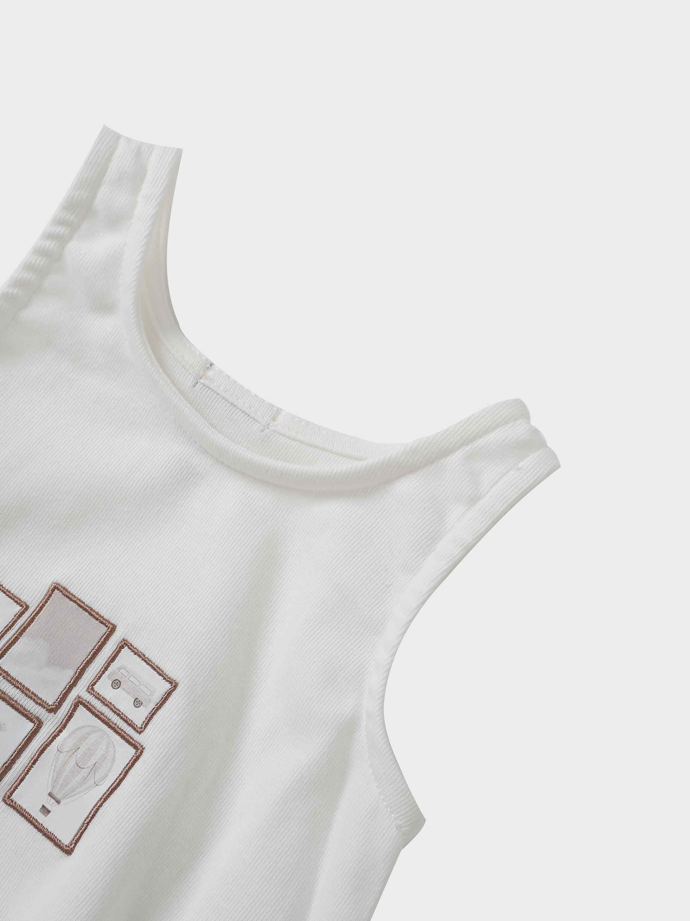 Mini Gallery Romper - Pink, white sleeveless baby romper with brown framed graphic panels.