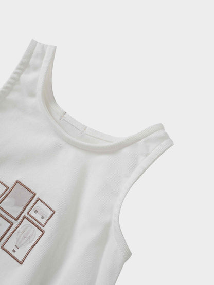 Mini Gallery Romper - Pink, white sleeveless baby romper with brown framed graphic panels.