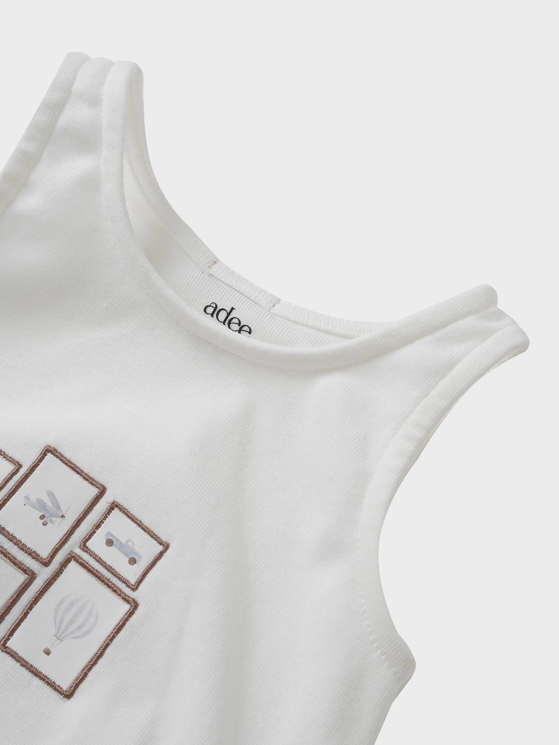 Adee Mini Gallery Romper for boys, white sleeveless romper with brown framed panels.