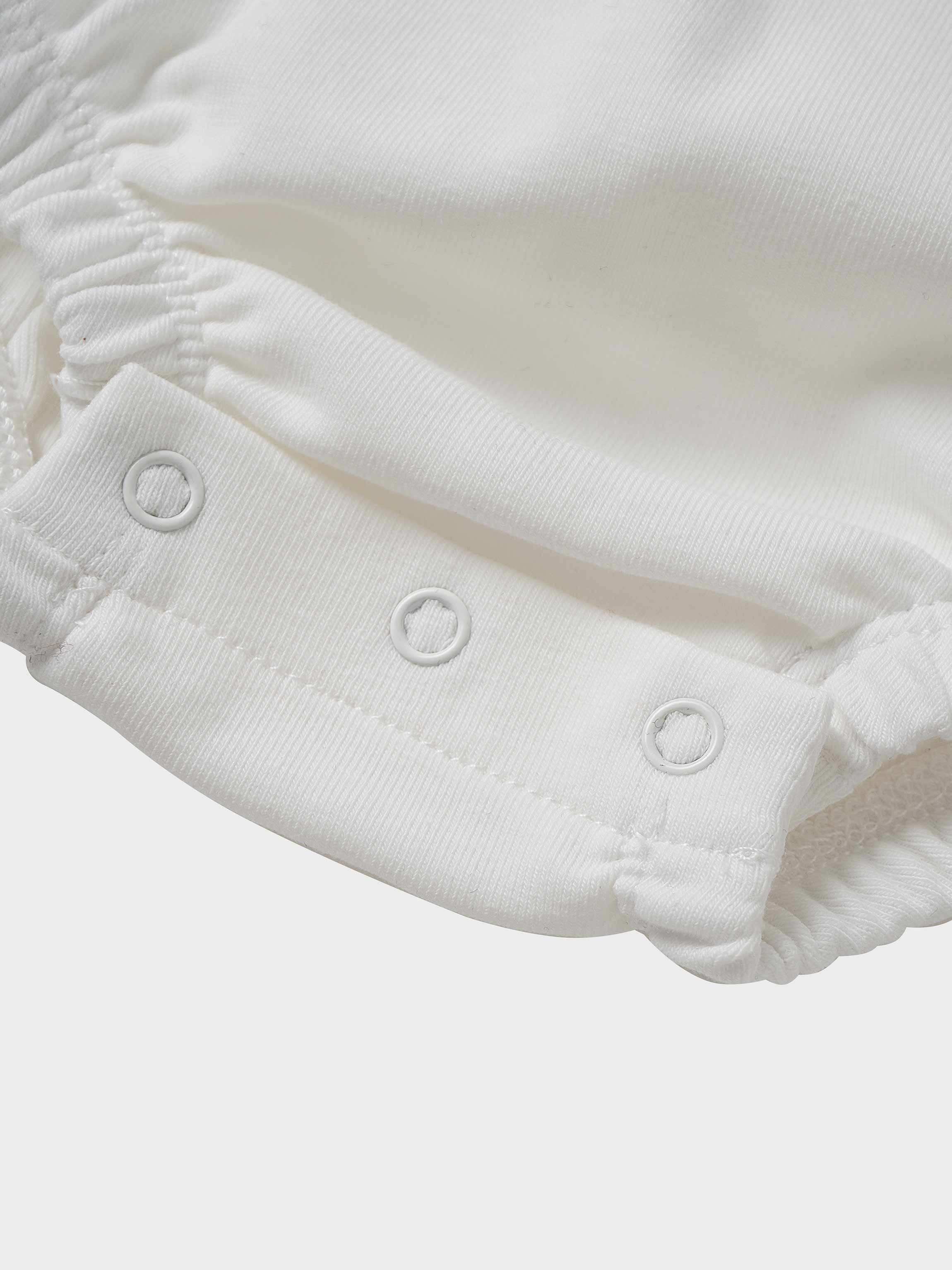 Mini Gallery Romper white baby boys romper with snap buttons and elastic cuffs