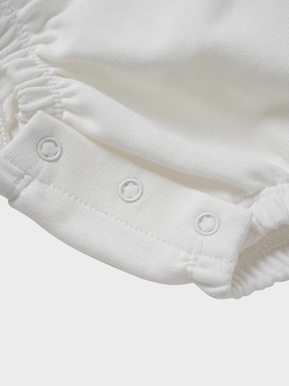 Mini Gallery Romper white baby boys romper with snap buttons and elastic cuffs