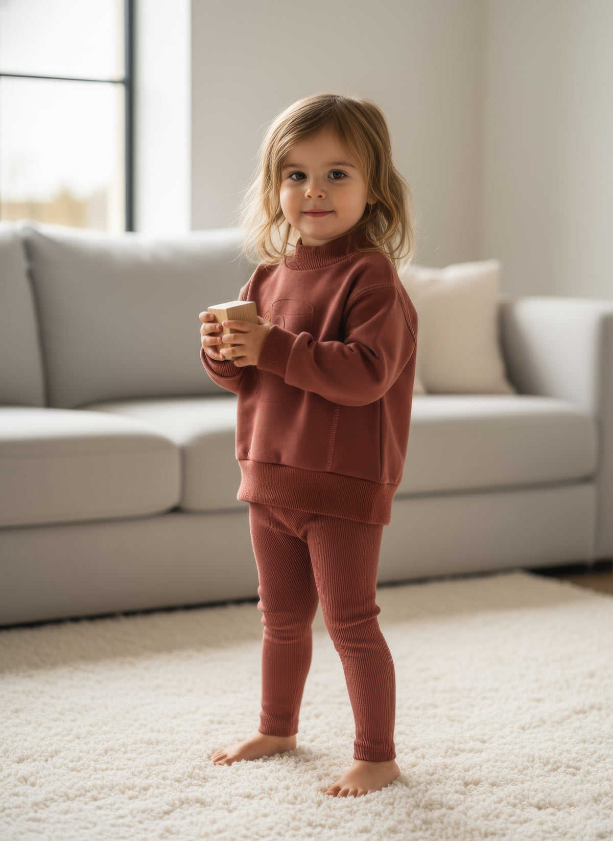 Embossed Mug Sweatshirt &amp; Leggings Set for little girls; rust color, Adee brand.