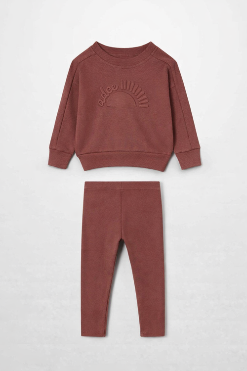 Embossed Logo Set - Brick; brick pink little girls sweatshirt with matching pants by Adee.
