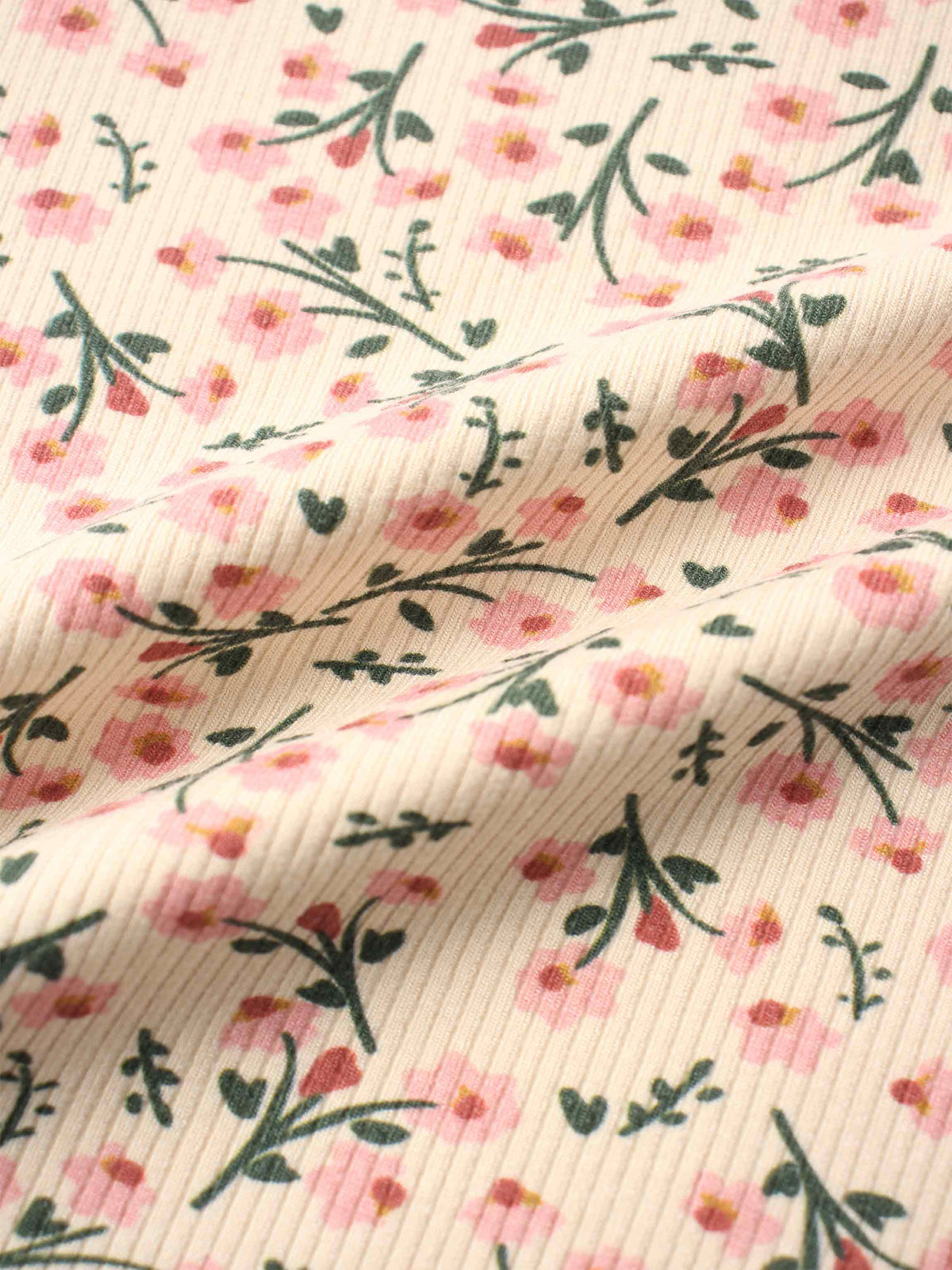 Floral Robe Short Sleeve T-Shirt fabric with pink and green blossoms on a light tan base.