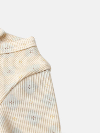 Little Button Stretchy - Blue by Adee; cream rib-knit top with tiny multicolor specks