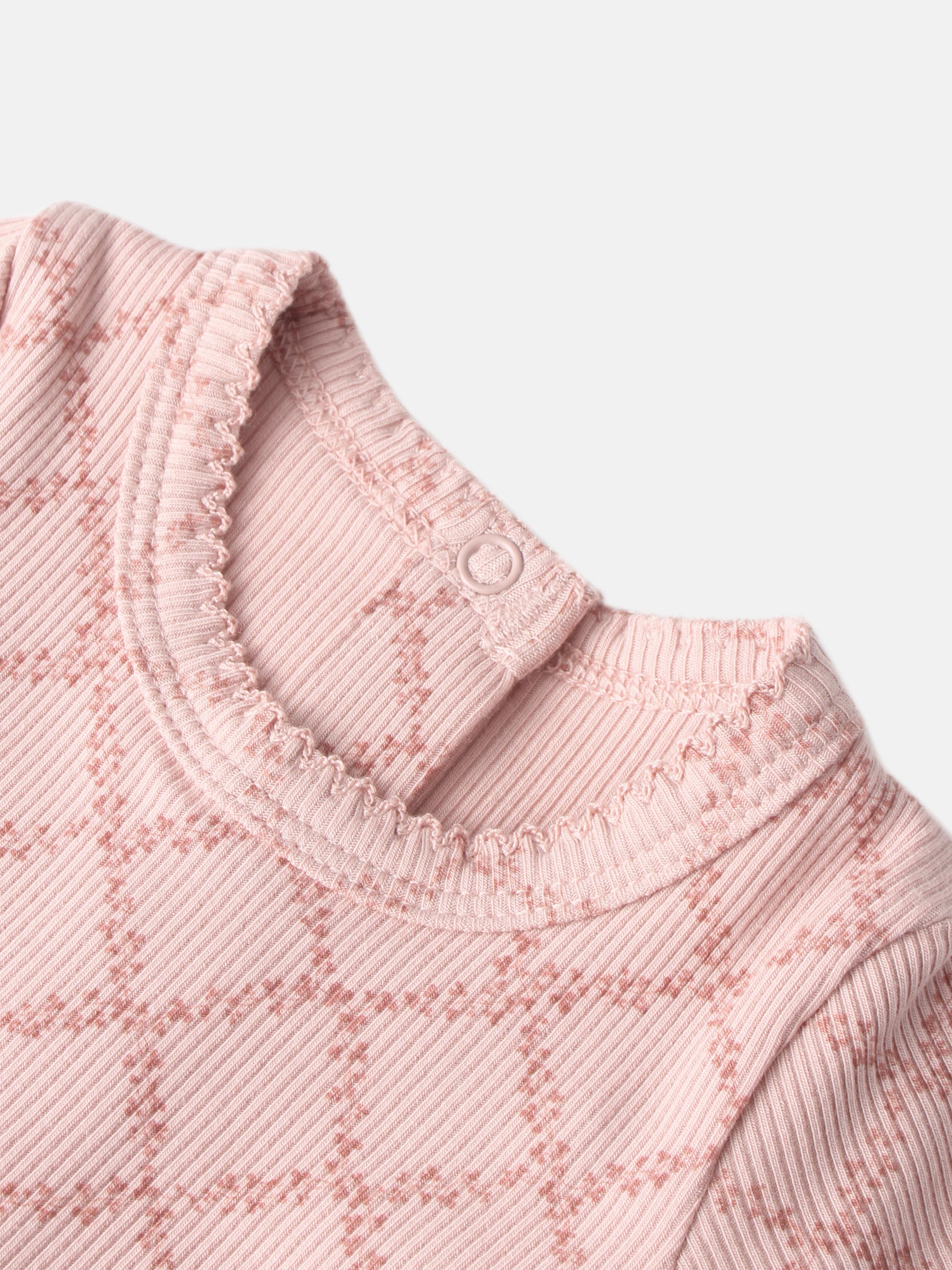 Pink Leaf Layette Set top with ribbed knit texture, scalloped neck edge and snap button