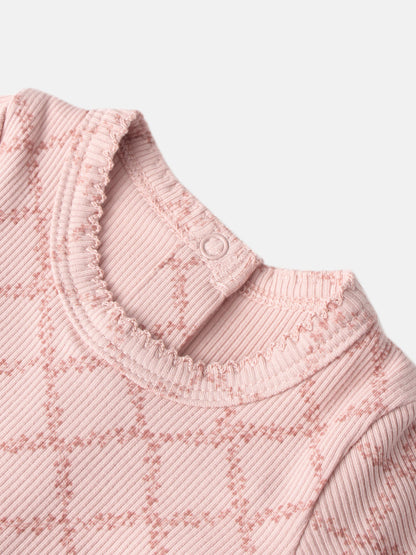 Pink Leaf Layette Set top with ribbed knit texture, scalloped neck edge and snap button